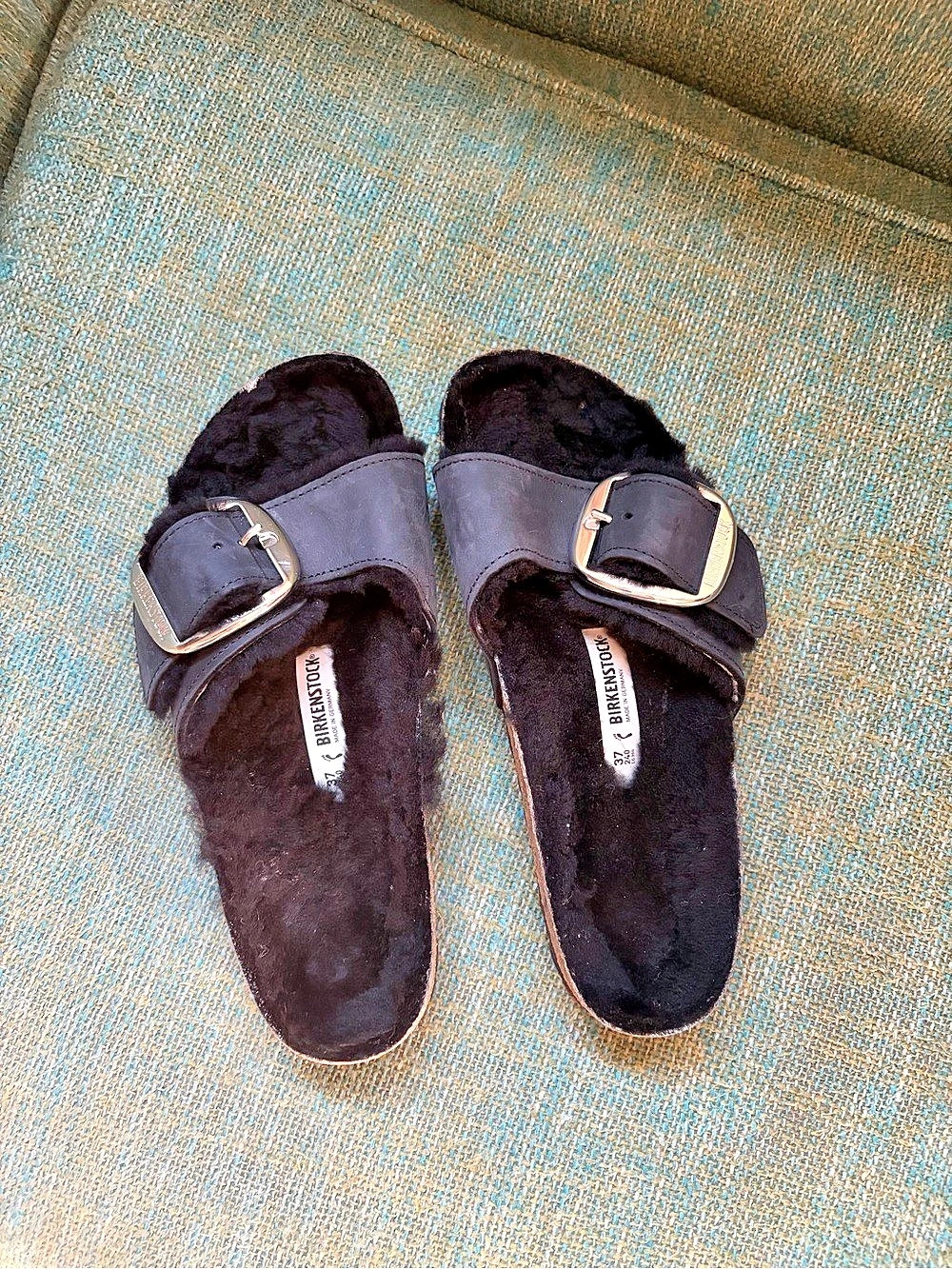 Birkenstock Madrid Big Buckle Shearling Black & Brown Sandals 37